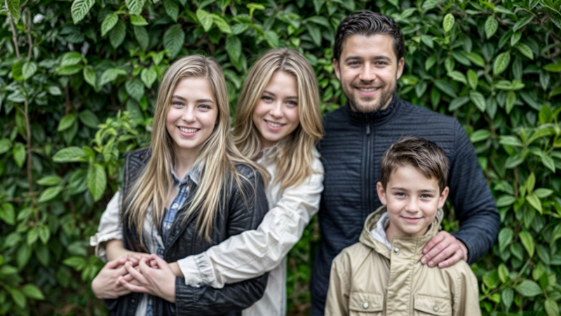 Happy family portrait with parents and two children outdoors in front of green foliage.